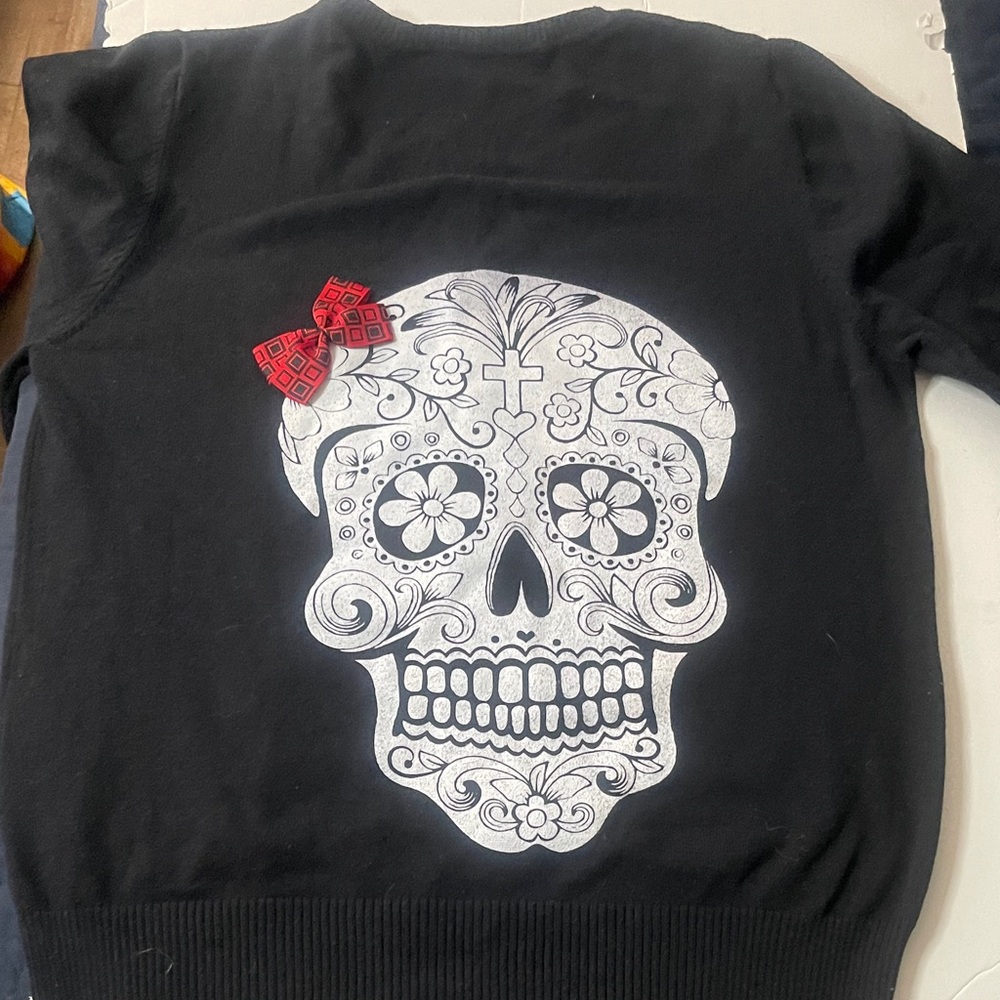Oner Active Black Crewneck Sweater with White Sugar Skull and Red Bow Accent